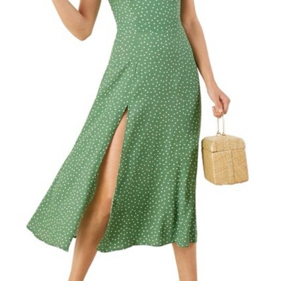 Reformation Dresses & Skirts - Green Polka Dot Midi Dress with Side Slit - Reformation